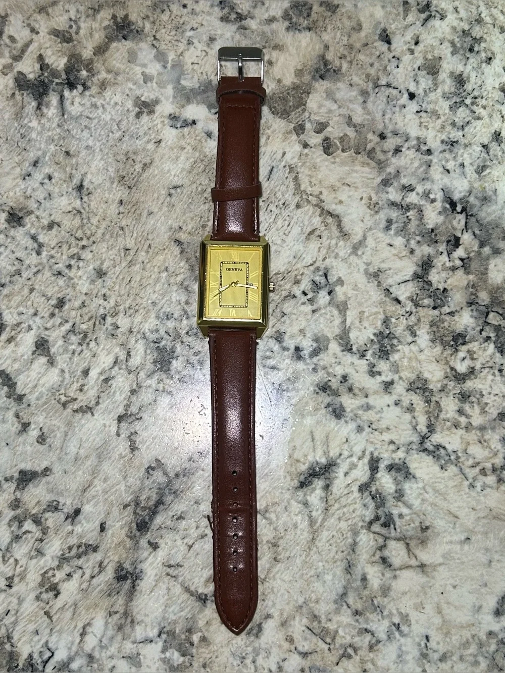 Geneva 37mm Gold Tone Tank Quartz Watch Brown Strap Read